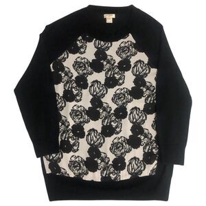 J. Crew Women's Small Woven Panel Merino Wool 3/4 Sleeve Floral Crewneck Blouse